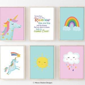 Set of 6 Unicorn wall art set, Printable unicorn art, Girls room decor, Unicorn gold glitter, Unicorn prints, Pink blush,cloud rainbow, gold