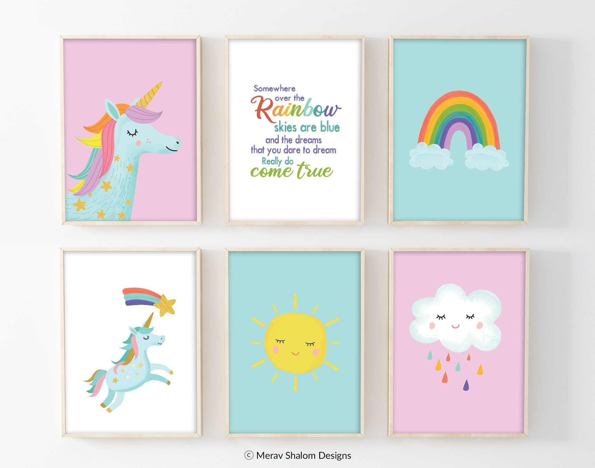 Set of 6 Unicorn wall art set Printable unicorn art Girls | Etsy