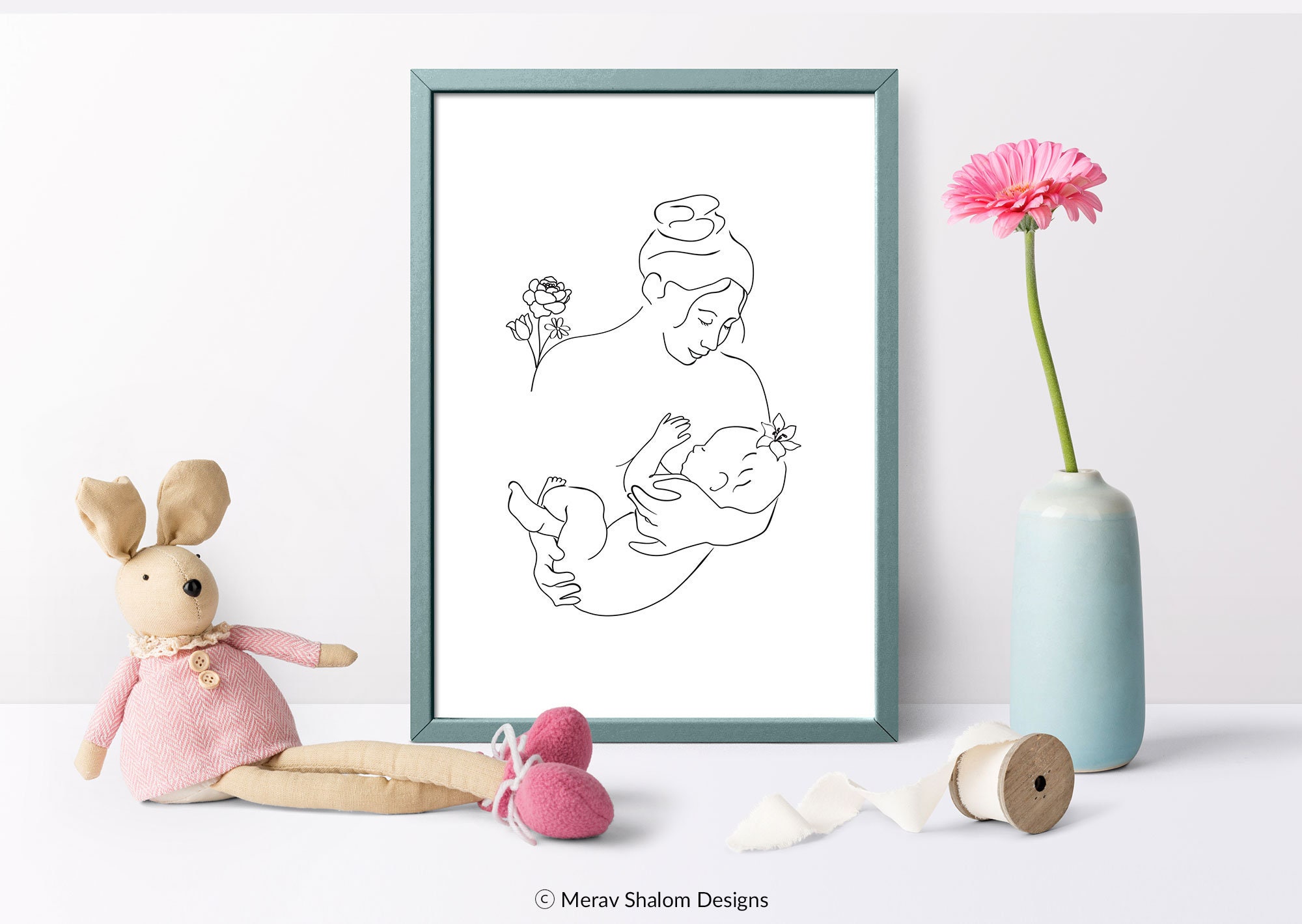 Mother and Baby Line Art Print, Minimalist Nursery Decor (instant ...