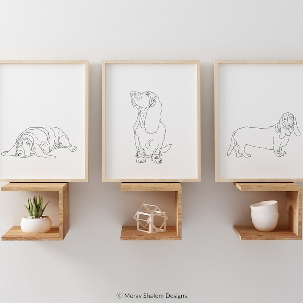 Basset Hound Line Art Set - Dibujo minimalista de arte de pared - Perros y mascotas - DESCARGA INSTANTE