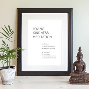 May include: A framed print with the text "Loving Kindness Meditation" and a list of phrases: "May I be happy", "May I be healthy", "May I be free from suffering", "May I be peaceful and at ease". A small wooden statue of Buddha is in the foreground.