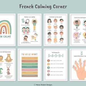 Ensemble d'impressions en français Stratégies d'apaisement, panneau de coin calmant, compétences pour calmer les esprits, affiches éducatives, art mural pour la salle de classe - TÉLÉCHARGEMENT IMMÉDIAT