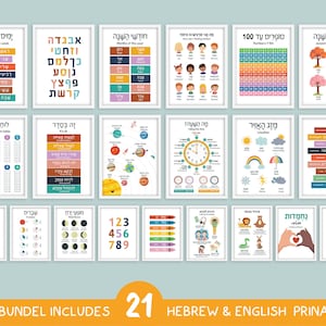APOYE A ISRAEL, juego de 21 carteles en hebreo e inglés: arte mural educativo, alfabeto, números, colores, formas: descarga instantánea