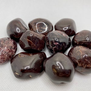 Può includere: Una collezione di pietre di granato rosso-marrone levigate. Le pietre sono lisce e lucidate, con un aspetto naturale e terroso.