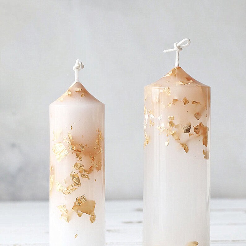 White Pillar Candle With Gold Foil Dripless and Smokeless for Etsy