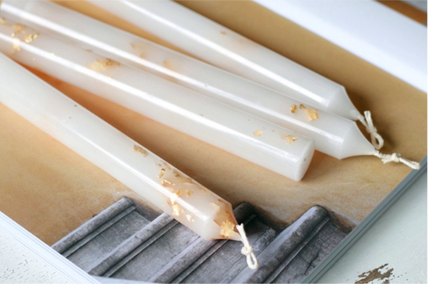 4 Taper Candles Dripless White Taper Candle with Goid Foil Etsy