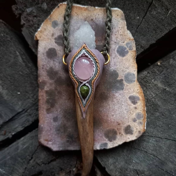 Scepter of softness - Polymerclay necklace with spirit quartz, rose quartz and henna jasper. Adjustable hempcord