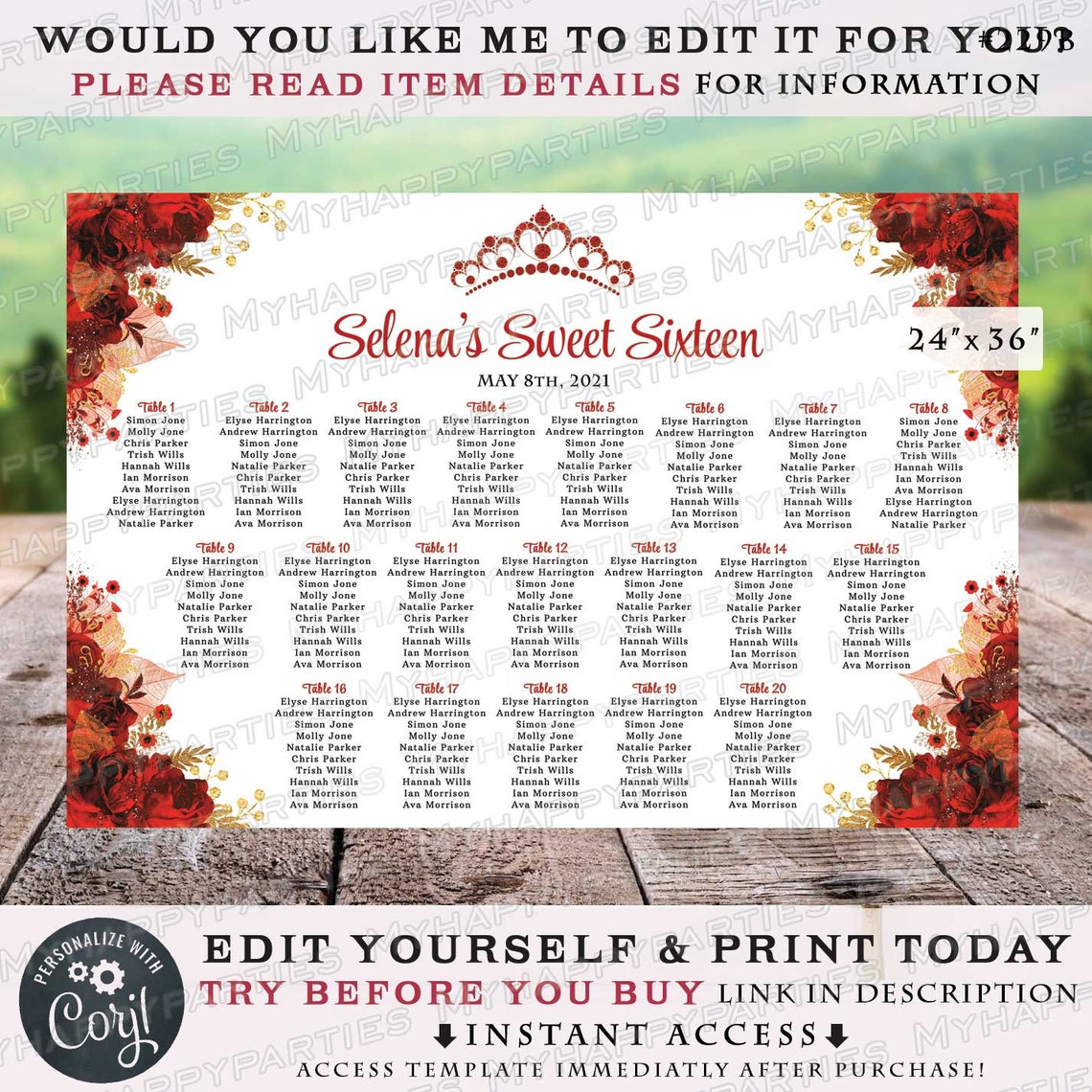 Wedding Seating Chart Template Quinceanera Red Gold Mis Quince My Sweet