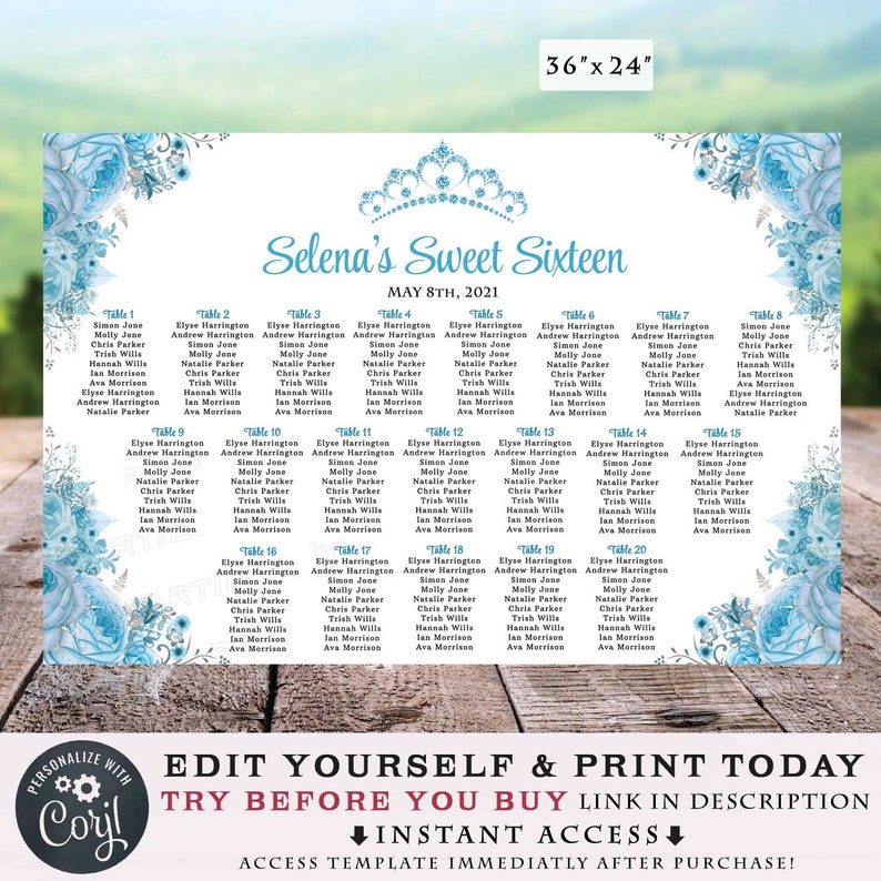 Wedding Seating Chart Template Quinceanera Baby Blue Silver Etsy