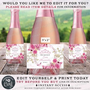 Quinceanera Pink Blush roses Mini Champagne Bottle Labels Mis quince anos Wedding Champagne Princess My Sweet 16 Mis 15 anos gifts Rosa Q15