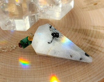 Rainbow Moonstone Pendulum Necklace with Watermelon Tourmaline and Garnet Stone Beads, Reiki Charged Pendulum, Crystal Healing Jewelry
