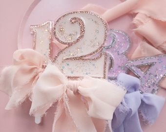 Bow Cake Topper, glitter number cake topper, pink number cake topper, 1st birthday cake topper