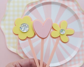 Groovy Flower and Heart Cake Toppers, Spring toppers, Flower cake topper