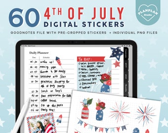 4 de julio Pegatinas Digitales para GoodNotes, Bullet Journal, o Notebook, American Patriotic Theme Digital Stickers for iPad Planner Stickers