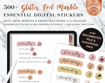Digital Planner Stickers Rosegold Marble, Glitter Foil Marble Months, Weekdays, Numbers, Dates, Icons for GoodNotes Notability, iPad Planner