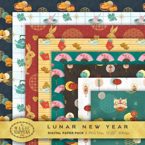Può includere: Un pacchetto di carta digitale con otto diversi motivi che presentano immagini tradizionali del Capodanno cinese. I motivi includono buste rosse, lanterne, conigli, ventagli e una danza del leone. Il testo "LUNAR NEW YEAR DIGITAL PAPER PACK 8 JPEG Files, 12"x12", 300dpi" è nella parte inferiore dell'immagine.