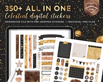 Celestial Digital Planner Stickers, All in One Goodnotes Digital Stickers in Cosmic Celestial, Gold Foil Stars Digital Planner Stickers