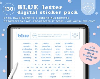 Blue Pastel Letter Digital Stickers, Essentials Planner Stickers, Months, Days, Numbers Stickers for GoodNotes Notability in Pastel Colors