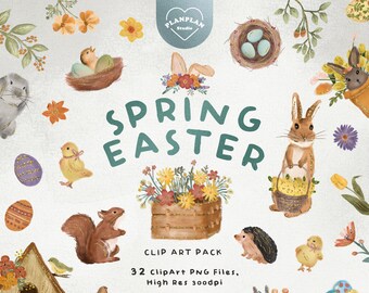 Spring Easter Clip Art, Hand drawn Watercolor Easter PNG, Easter Bunny Illustration, Floral Easter Graphics, Pastel Easter Clipart