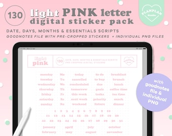 Light Pink Pastel Letter Digital Stickers, Essential Planner Stickers, Months, Days, Numbers Sticker for GoodNotes Notability in Pink Pastel