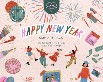 New Year Clip Art, Hand Drawn New Year's Eve Illustration, New Year PNG, NYE Clipart, Glitter Fireworks ClipArt, Glittery New Year Clipart