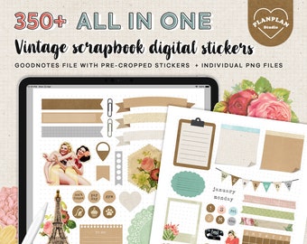 Vintage Scrapbook Digital Planner Sticker, All in One Goodnotes Digital Sticker in Retro Scrapbook, Vintage Ornament Digital Planner Sticker