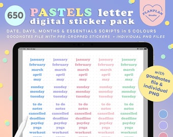 Pastels Letter Digital Stickers, Essentials Planner Stickers, Months, Days, Numbers Stickers for GoodNotes Notability in Pastel Colors