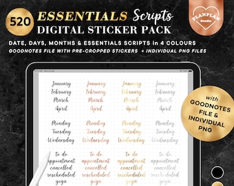 Essentials Script Digital Stickers in Gold Foil, Months, Days, Numbers, Icons Stickers for GoodNotes Notability in Rosegold Foil
