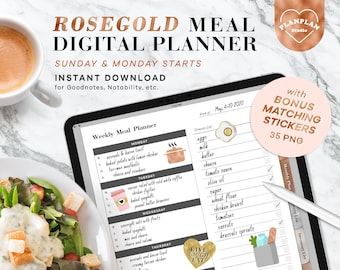 Digital Meal Planner in Rosegold, Meal Planner Templates, Quarantine Meal Planner, Digital Recipe Book, Digital Meal Notebook