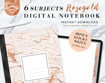 Digital Notebook Rosegold Marble, Goodnotes Notebook, Goodnotes Digital Planner, iPad planner, Lined Paper, Dots, Grid, Cornell Template