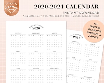 2020-2021 Calendar Inserts, Calendar Printable, Digital Planner Inserts, Planner Refills, Printable Planner Inserts, Instant Download
