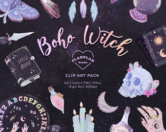 Halloween Witch Clip Art, Boho Witch Graphics, Hand Drawn Witch Craft Clipart, Witchery Clipart, Halloween DIY Party, Halloween Stickers