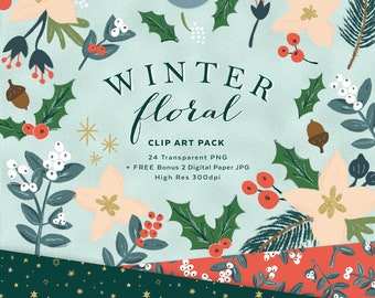 Winter bloemen illustraties, met de hand getekende kerst bloemen illustratie PNG, kerst bloem clipart, misletoe clipart, glitter kerst clipart
