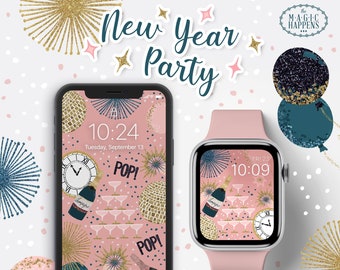 Fondo de pantalla de Apple Watch Año nuevo, fondo de pantalla de iPhone Feliz fiesta de Año Nuevo, diseño brillante de la cara del Apple Watch, fondo de pantalla de Apple de Año Nuevo