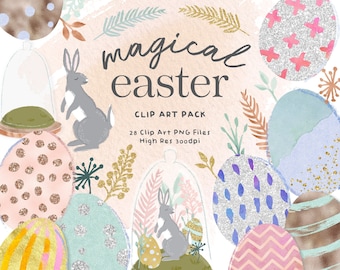 Magical Easter Clip Art, Hand drawn Watercolor Easter PNG, Easter Bunny Illustration, Easter Egg Graphics, Glittery Easter Clipart