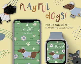 Apple Watch Wallpaper Playful Dogs, Apple Watch Face Cute Dogs, iPhone wallpaper, Daschund Wallpaper, Hand Drawn Daschund iPhone Wallpaper