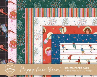 New Year Digital Paper, Hand Drawn Glittery New Year Illustration Seamless Background, New Year's Eve Digital Paper, January Pattern