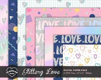 Valentine Digital Paper, Glittery Love Digital Paper, Val's Day Pattern, Cute Valentine's Illustration, Happy Valentine Background