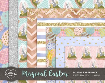 Magical Easter Digital Paper, Pastel Easter Seamless Pattern, Hand Drawn Watercolor Easter Background, Glittery Easter Graphics Resources