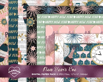 New Year Digital Paper, Hand Drawn Glittery New Year Illustration Seamless Background, New Year's Eve Digital Paper, January Pattern