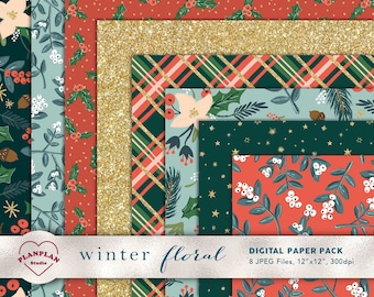 Winter Floral Digital Paper, Hand Drawn Christmas Floral Illustration Seamless Background, Misletoe Digital Paper, December Pattern Seamless