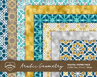 Puede incluir: Paquete de papel digital con ocho patrones geométricos en tonos de turquesa, oro y plata. Los patrones están inspirados en la arquitectura árabe y presentan detalles intrincados. El paquete incluye 8 archivos JPEG, cada uno con una medida de 30,48 cm por 30,48 cm a 300 dpi.