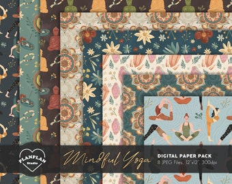 Mindful Yoga Digital Paper, Yoga Pose Digital Paper, Wellness Pattern, Watercolor Yoga Illustration, Earthy Yoga Background, Namaste Paper