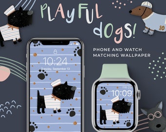 Apple Watch Wallpaper Playful Dogs, Apple Watch Face Cute Dogs, Scottish Terrier Wallpaper, iPhone Wallpaper,  Scottie iPhone Wallpaper