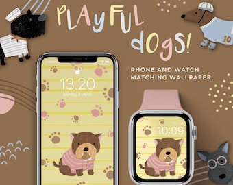Apple Watch Face Playful Dogs, Apple Watch Wallpaper Cute Dog, iWatch wallpaper, Cute Bulldog Wallpaper, Hand Drawn Bulldog iPhone Wallpaper