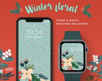 Apple Watch Wallpaper Christmas Floral, iPhone wallpaper Winter Floral, Apple Watch Face Design in Christmas Flowers