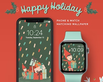 Apple Watch Wallpaper Christmas Holiday, iPhone wallpaper Happy Holiday, Apple Watch Face Design in Christmas Elf Illustration