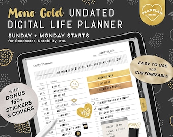 Digital Planner Mono Gold Black, Undated Digital Life Planner, iPad Planner, Digital Journal for Goodnotes Notability