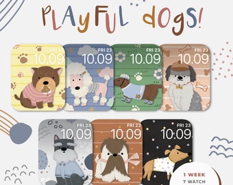 Apple Watch Face Playful Dogs, Apple Watch Wallpaper Cute Dogs, iWatch Wallpaper Design in Cute Puppy, Hand Drawn Doggie Watchface Wallpaper
