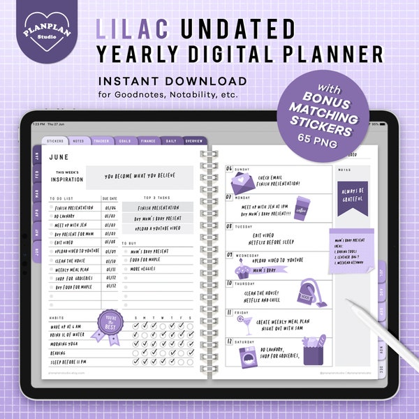 Basic Lilac Digitaler Planer, Lila Lavendel Farbe iPad Planer, Undatierter Goodnotes Planer in Grundfarbe Thema, Digital Journal, Notability